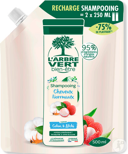 Arbre Vert Mildes Shampoo Normales Haar Baumwolle Und Litchi Nachfüllpackung 500ml