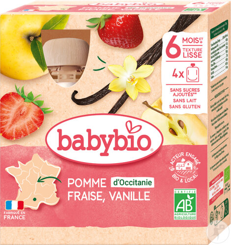 Babybio Bio-Fruchtpüree Apfel, Erdbeere Und Vanille 6+ Monate 4x90g