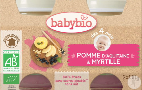 Babybio Petits Pots Äpfel aus Nouvelle-Aquitaine Und Heidelbeeren Babys 4+ Monate 2x130g