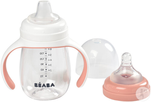 Béaba Babyflasche/Lehrbecher 2in1 Auslaufsicher Abnehmbare Griffe 210ml Altrosa 1 Stück