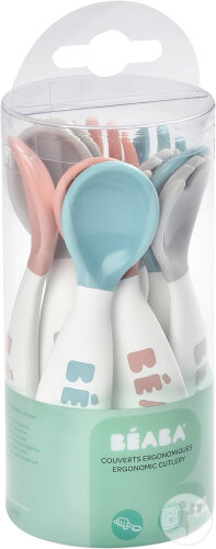 Béaba Erstes Besteckset Ergonomisch 6 Löffel + 4 Gabeln +8 Monate Grau/Blau/Pink