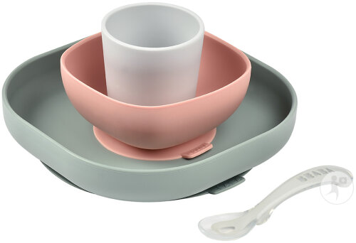 Béaba Ess-Set Silikon-Saugnapf Rutschfest Teller/Schüssel/Glas/Löffel Eukalyptus 4 Stück