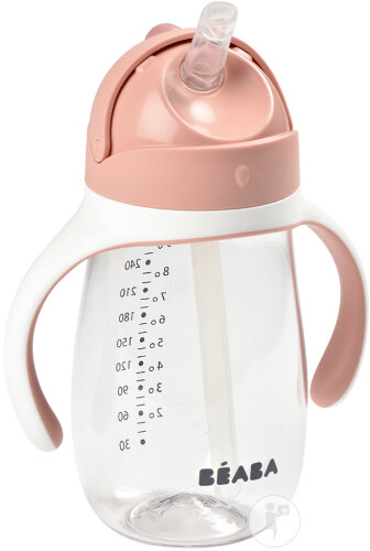 Béaba Tasse Strohhalm Tasse Lernbecher Auslaufsicher Abnehmbare Griffe 300ml Rosa 1 Stück