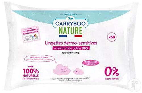 Carryboo Nature Feuchttücher Dermo-Sensitive Bio Baumwoll-Extrakt Parfümfrei 58 Stück