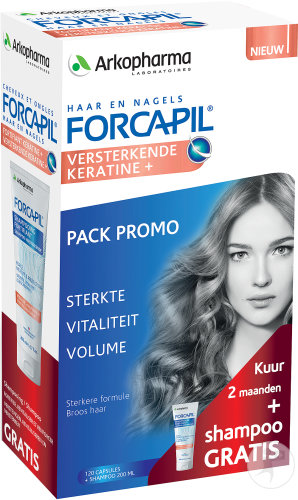 Forcapil Entdeckungspackung Für Kräftiges Haar Und Nägel Keratin Kapseln 120 + Shampoo Gratis 200ml