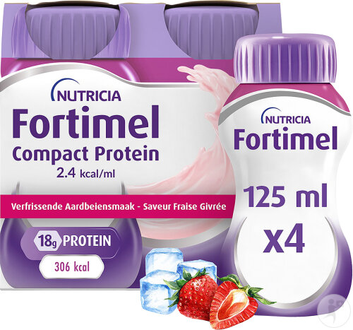 Fortimel Compact Protein 2,4kcal Gefrorene Erdbeere Geschmack Flaschen 4x125ml