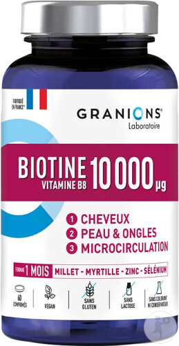 Granions Biotin 10000 µg Vitamin B8 + Selen Nahrungsergänzung Haar 60 Tabletten