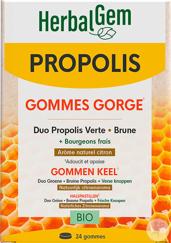 HerbalGem Propolis Breitspektrum Gummis Bio Hals Zitronengeschmack 24 Gummis