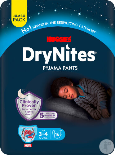 Huggies DryNites Nachtunterhosen Jungen 3-4 Jahre 12-21kg 16 Stück