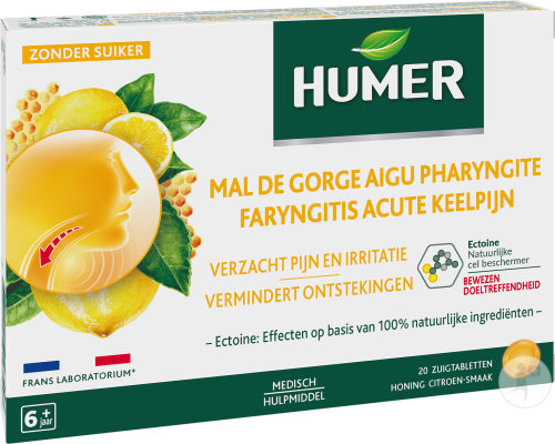 Humer Akute Halsschmerzen Pharyngitis Honig-Zitronen-Geschmack 6+ Jahre 20 Lutschtabletten