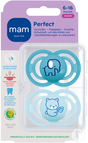 Mam Schnuller Perfect Silicone Pure 6-16 Monate Blau 2 Stück