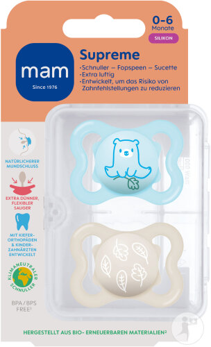 Mam Schnuller Supreme Pure Silicone 0-6 Monate Blau 2 Stück
