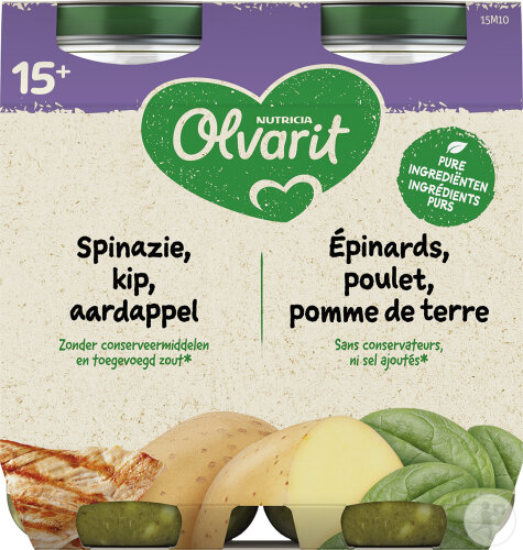 Olvarit Babymahlzeit ab 15 Monaten Spinat Huhn Kartoffeln 2x250g
