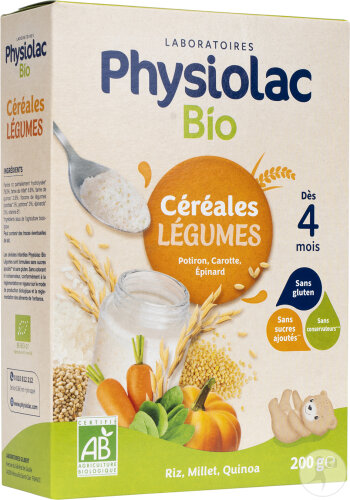Physiolac Bio Cerealien Gemüse Babys 4+ Monate Reis Hirse Quinoa Kürbis Karotte Spinat 200g