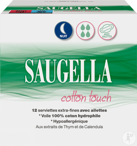 Saugella Cotton Touch Extra-Dünne Damenbinden Mit Flügeln Nacht 12 Stück