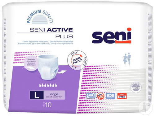 Seni Active Plus Pants Einweghosen L Atmungsaktiv Hüftumfang 100-135cm 7 Tropfen 10 Stück