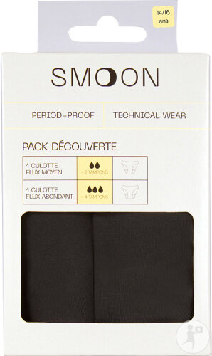 Smoon Ados Pack Menstruationsslips Mittlerer + Reichhaltiger Fluss Schwarz T14-T16 2 Stück