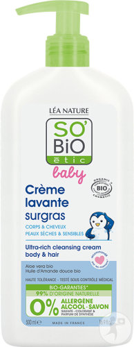 So'Bio Étic Baby Reichhaltige Reinigungscreme Trockene Sensible Haut Pumpflakon 500ml