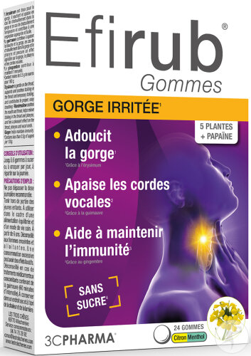 3C Pharma Efirub Gorge Irritée Citron 24 Gommes