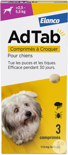 AdTab 112mg Antiparasitaire Interne Chien +2,5-5,5kg 3 Comprimés À Croquer