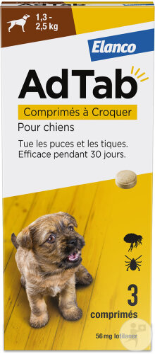 AdTab 56mg Antiparasitaire Interne Chien 1,3-2,5kg 3 Comprimés À Croquer