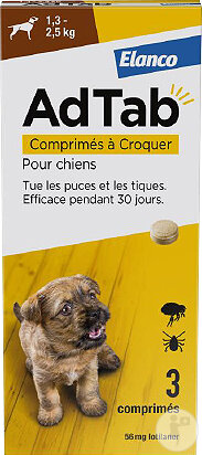 AdTab 56mg Antiparasitaire Interne Chien 1,3-2,5kg 3 Comprimés À Croquer