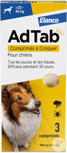 AdTab 900mg Antiparasitaire Interne Chien 22-45kg 3 Comprimés À Croquer