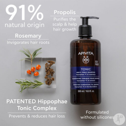 Apivita Shampoing Tonique Pour Hommes Cheveux Clairsemés Ecopack 500ml-8