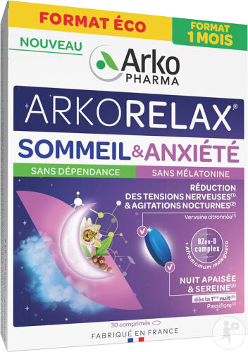 Arkopharma Arkorelax Sommeil & Anxiété Passiflore Verveine Citronnée Vitamine B3 30 Comprimés