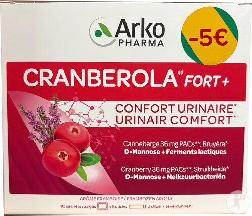 Arkopharma Cranberola Fort+ Confort Urinaire Arôme Framboise 10 Sachets + 5 Sticks Promo
