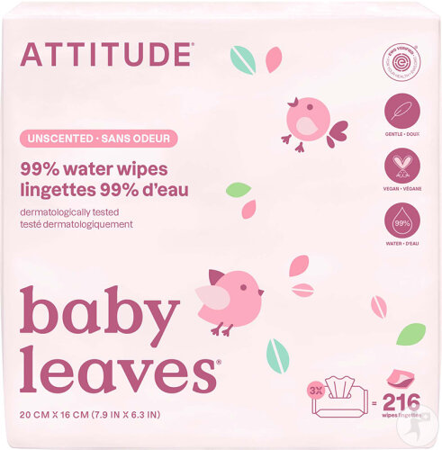 Attitude Baby Leaves Trio De Lingettes 99% D’Eau Sans Parfum 216 Pièces