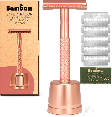 Bambaw Rasoir De Sûreté Métal Avec Socle Or Rose 1 Pièce + 5 Lames