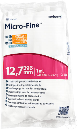 Embecta Micro-Fine+ Seringue Insuline 1ml 29Gx12,7mm Pièces 10 (324811)