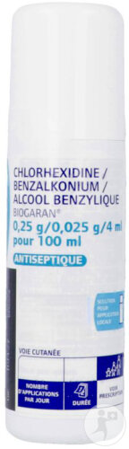 Biogaran Chlorhéxidine/Benzalkonium/Alcool Benzylique 0,25g/0,025g/4ml Flacon 100ml