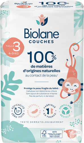 Biolane Couches À Base De Matières D'Origines Naturelles Taille 3 4-9kg Toutes Peaux 52 Pièces