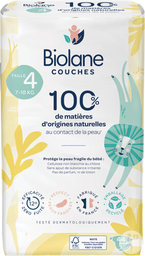 Biolane Couches À Base De Matières D'Origines Naturelles Taille 4 7-18kg Toutes Peaux 44 Pièces