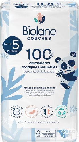 Biolane Couches À Base De Matières D'Origines Naturelles Taille 5 11-25kg Toutes Peaux 40 Pièces