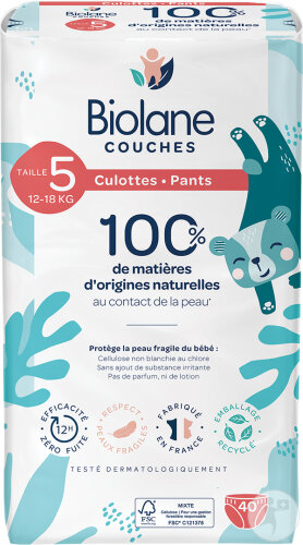 Biolane Couches À Base De Matières D'Origines Naturelles Taille 5 12-18kg Toutes Peaux 40 Pièces