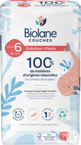 Biolane Couches À Base De Matières D'Origines Naturelles Taille 6 +16kg Toutes Peaux 36 Pièces