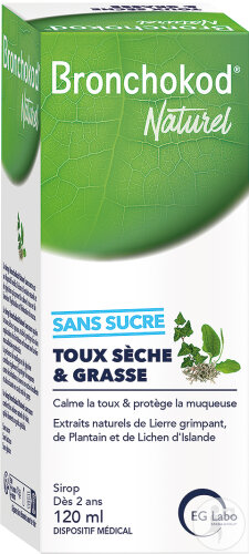 Bronchokod Naturel Toux Sèche & Grasse Sans Sucre Dès 2 Ans Goût Pêche Flacon 120ml