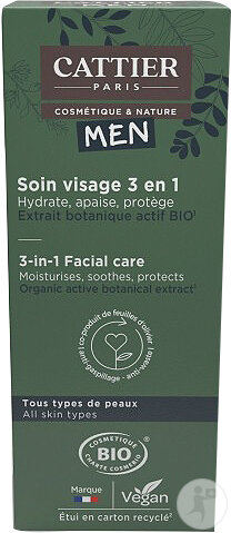 Cattier Men Soin Visage Homme 3en1 Tous Types De Peaux Bio 50ml