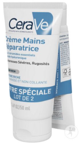 CeraVe Crème Mains Réparatrices Mains Très Sèches Gercées Abimées 2x50ml