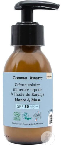 Comme Avant Crème Solaire Minérale Liquide À L’Huile De Karanja IP50 Monoï & Musc 105g
