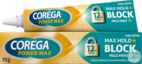 Corega Power Max Hold + Block Mint Crème Adhésive Prothèse Dentaire Tube 70g
