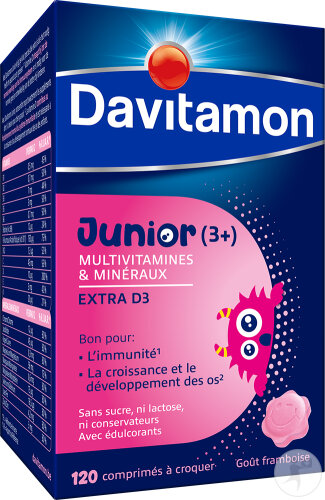 Davitamon Junior Multivitamines +3 Ans Goût Framboise 120 Comprimés À Croquer