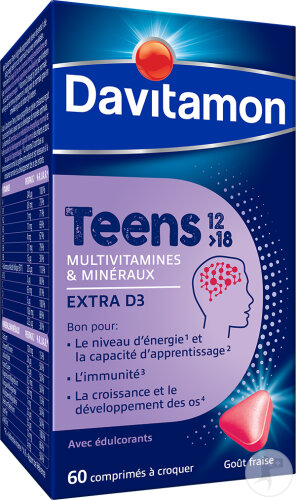 Davitamon Teens 12-18 Ans Multivitamines Et Minéraux Goût Fraise 60 Comprimés À Croquer