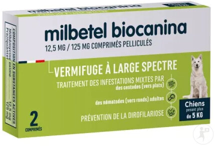 Domes Pharma Milbetel Biocanina 12,5mg/125mg Vermifuge Chiens 2 Comprimés Pelliculés