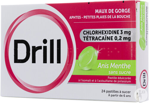 Drill Anis/Menthe Sans Sucre Pour Maux de Gorge 24 Pastilles À Sucer