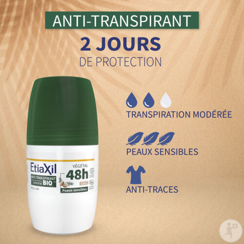 Etiaxil Déodorant Anti-Transpirant Végétal Transpiration Modérée 48h Parfum Coco Bio Roll-On 2x50ml-7