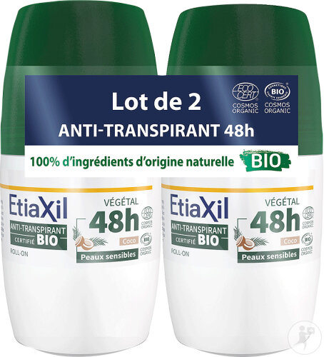 Etiaxil Déodorant Anti-Transpirant Végétal Transpiration Modérée 48h Parfum Coco Bio Roll-On 2x50ml